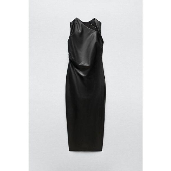 ZARA FAUX LEATHER MIDI BLACK DRESS NWT BLOGGERS FAV - Picture 13 of 16